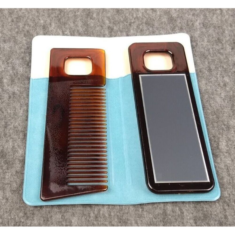 Comb‎ & Mirror Purse Set Blue Storage Case Faux Tortoise VTG 70s/80s Travel NEW
